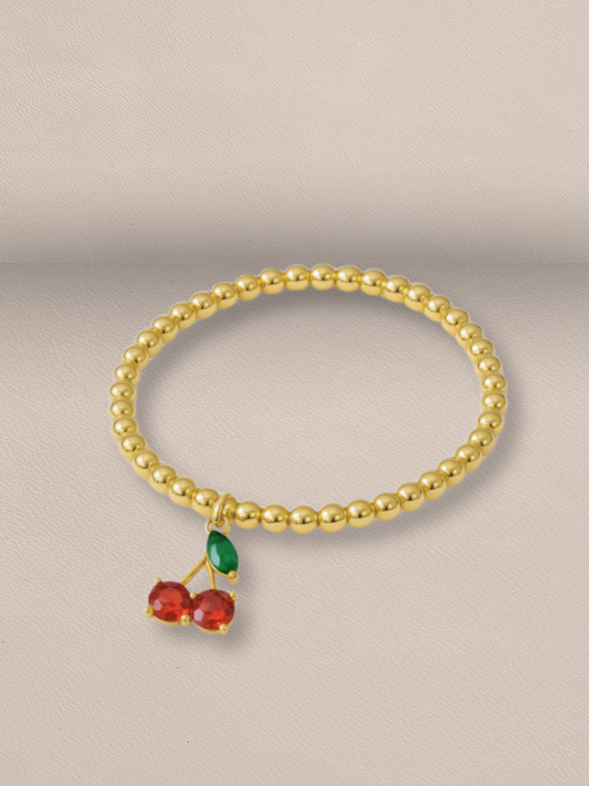 Gold Beaded Bracelet with Cherry Charm