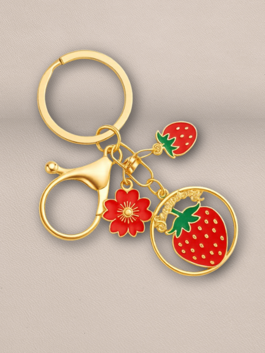 Strawberry & Flower Gold Keychain Charm