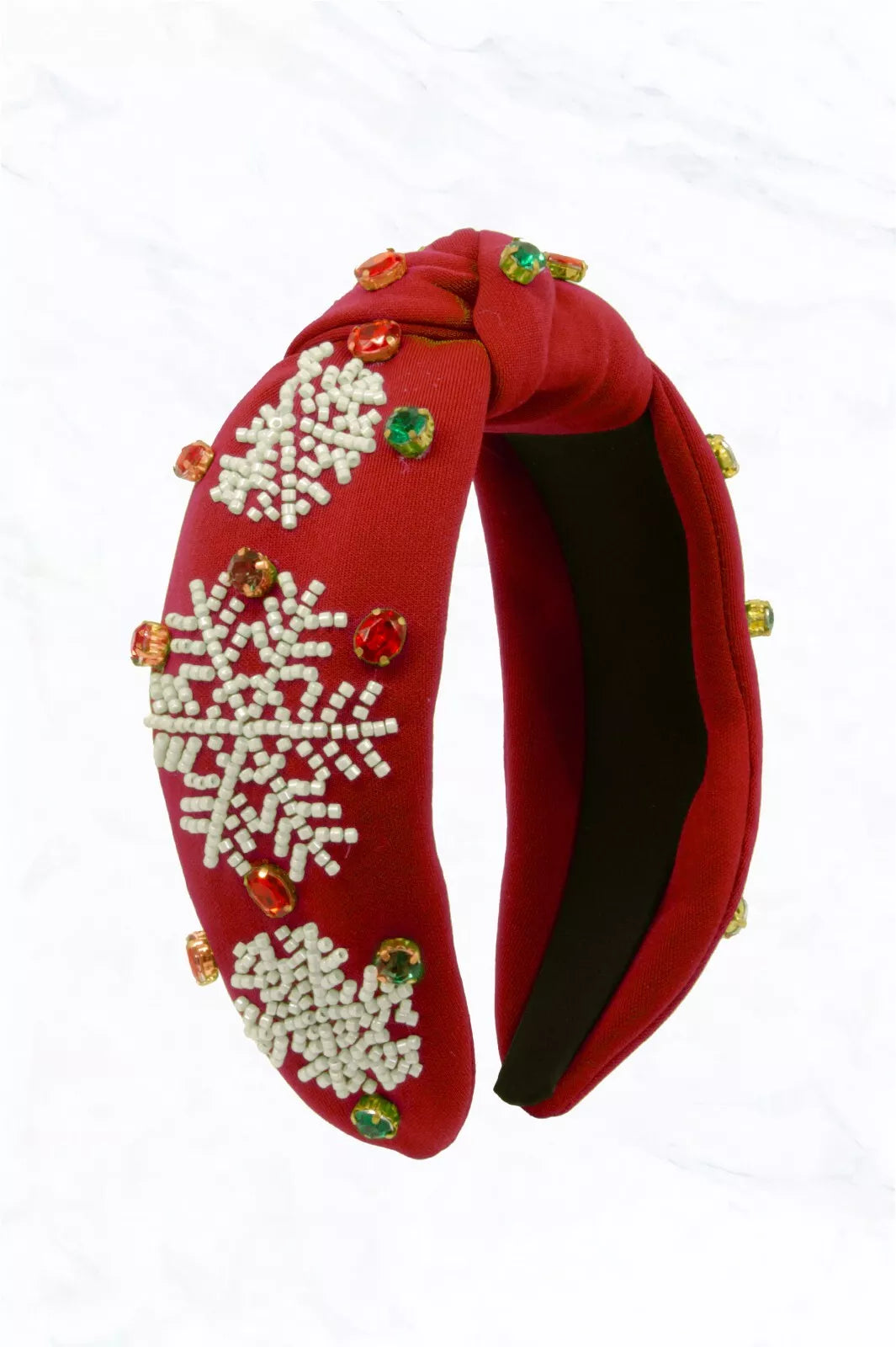 Holiday JOY Headband – Festive Snowflake Design with Gemstone Accents in Red and Green for a Holiday Look