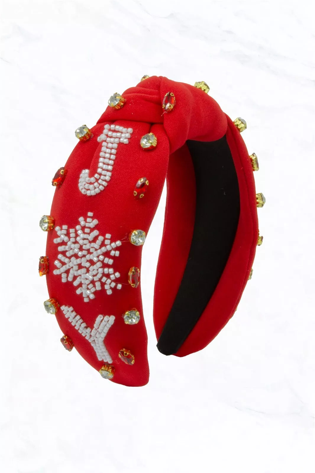 Holiday JOY Headband – Festive Snowflake Design with Gemstone Accents in Red and Green for a Holiday Look