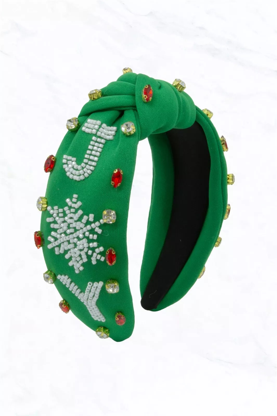 Holiday JOY Headband – Festive Snowflake Design with Gemstone Accents in Red and Green for a Holiday Look