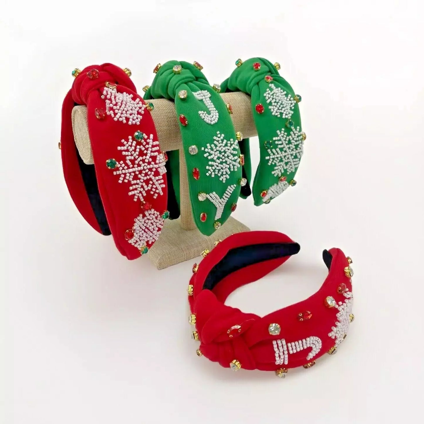 Holiday JOY Headband – Festive Snowflake Design with Gemstone Accents in Red and Green for a Holiday Look