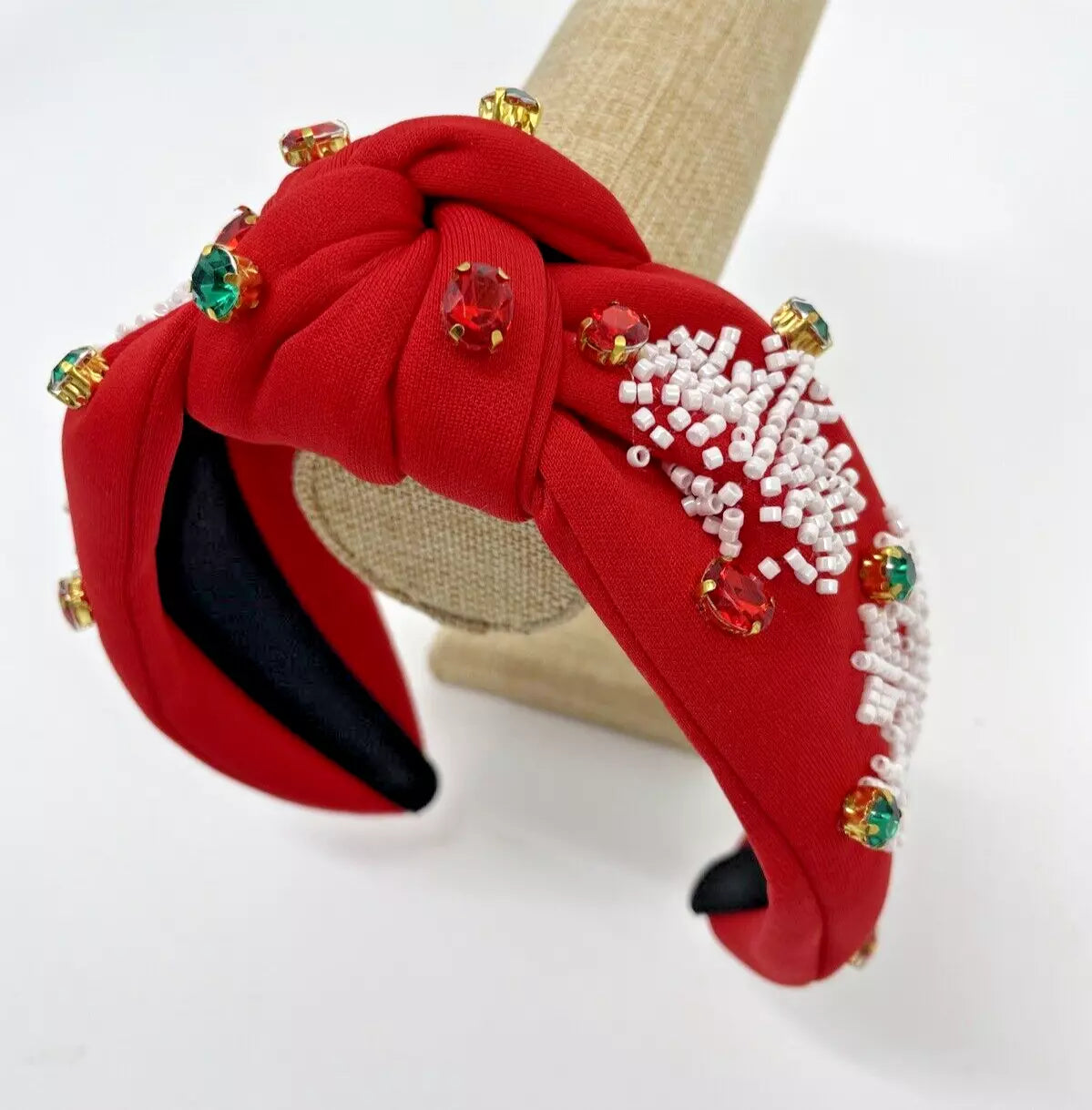 Holiday JOY Headband – Festive Snowflake Design with Gemstone Accents in Red and Green for a Holiday Look