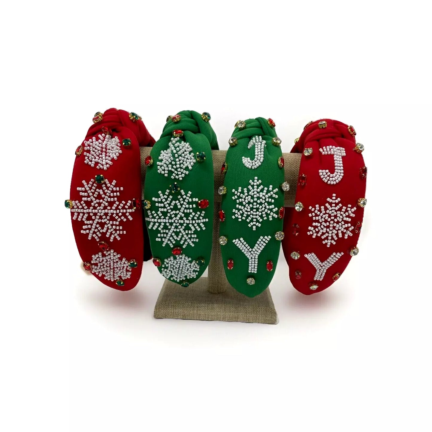 Holiday JOY Headband – Festive Snowflake Design with Gemstone Accents in Red and Green for a Holiday Look