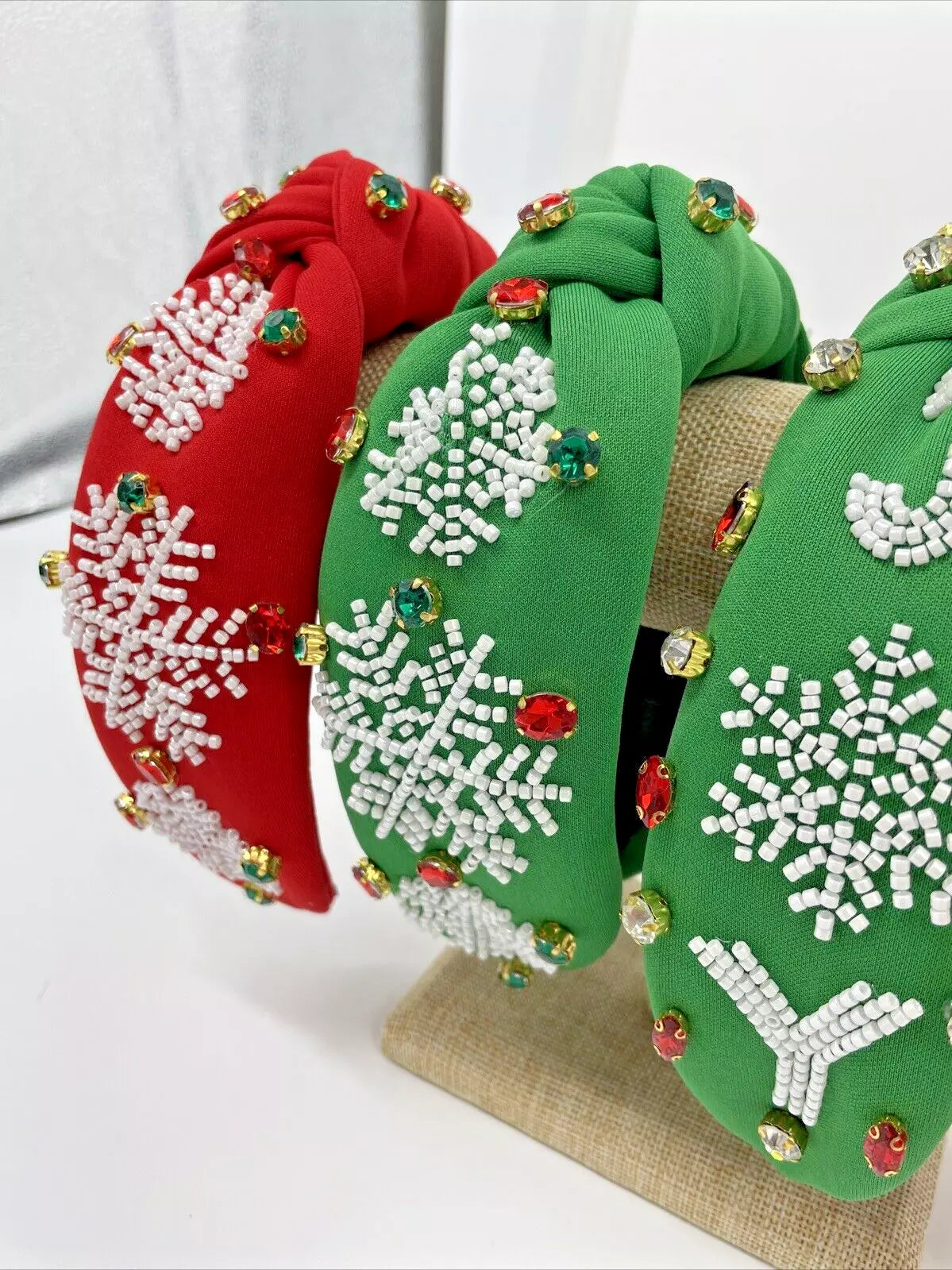 Holiday JOY Headband – Festive Snowflake Design with Gemstone Accents in Red and Green for a Holiday Look