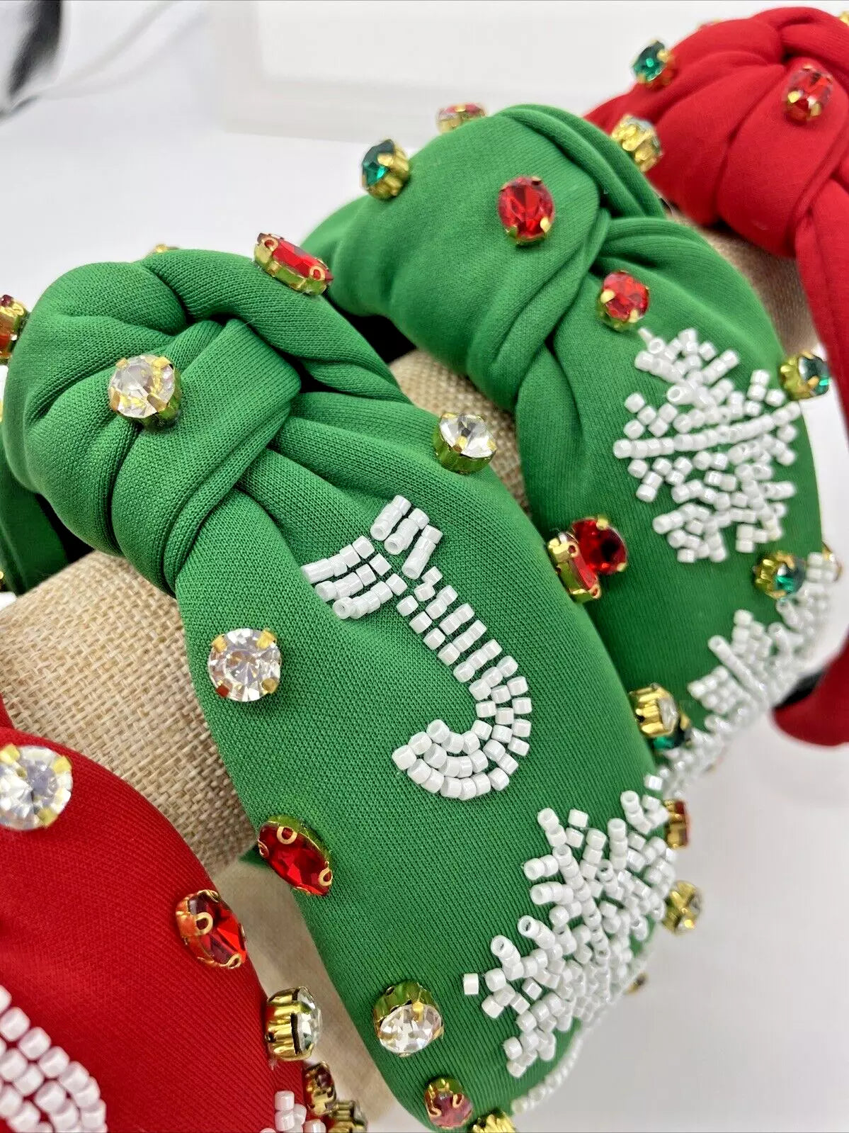 Holiday JOY Headband – Festive Snowflake Design with Gemstone Accents in Red and Green for a Holiday Look