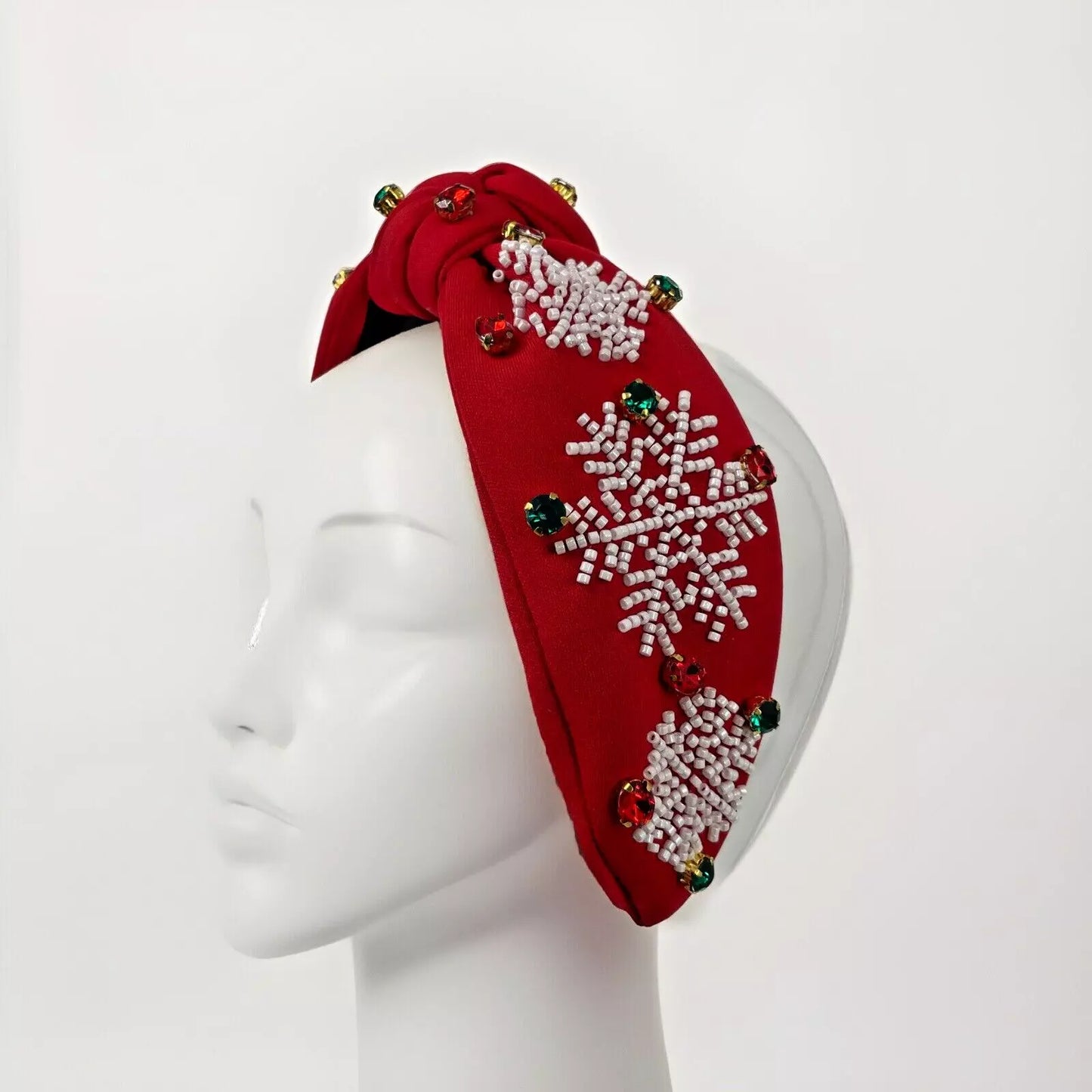 Holiday JOY Headband – Festive Snowflake Design with Gemstone Accents in Red and Green for a Holiday Look