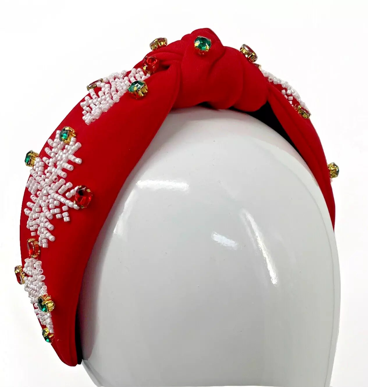 Holiday JOY Headband – Festive Snowflake Design with Gemstone Accents in Red and Green for a Holiday Look