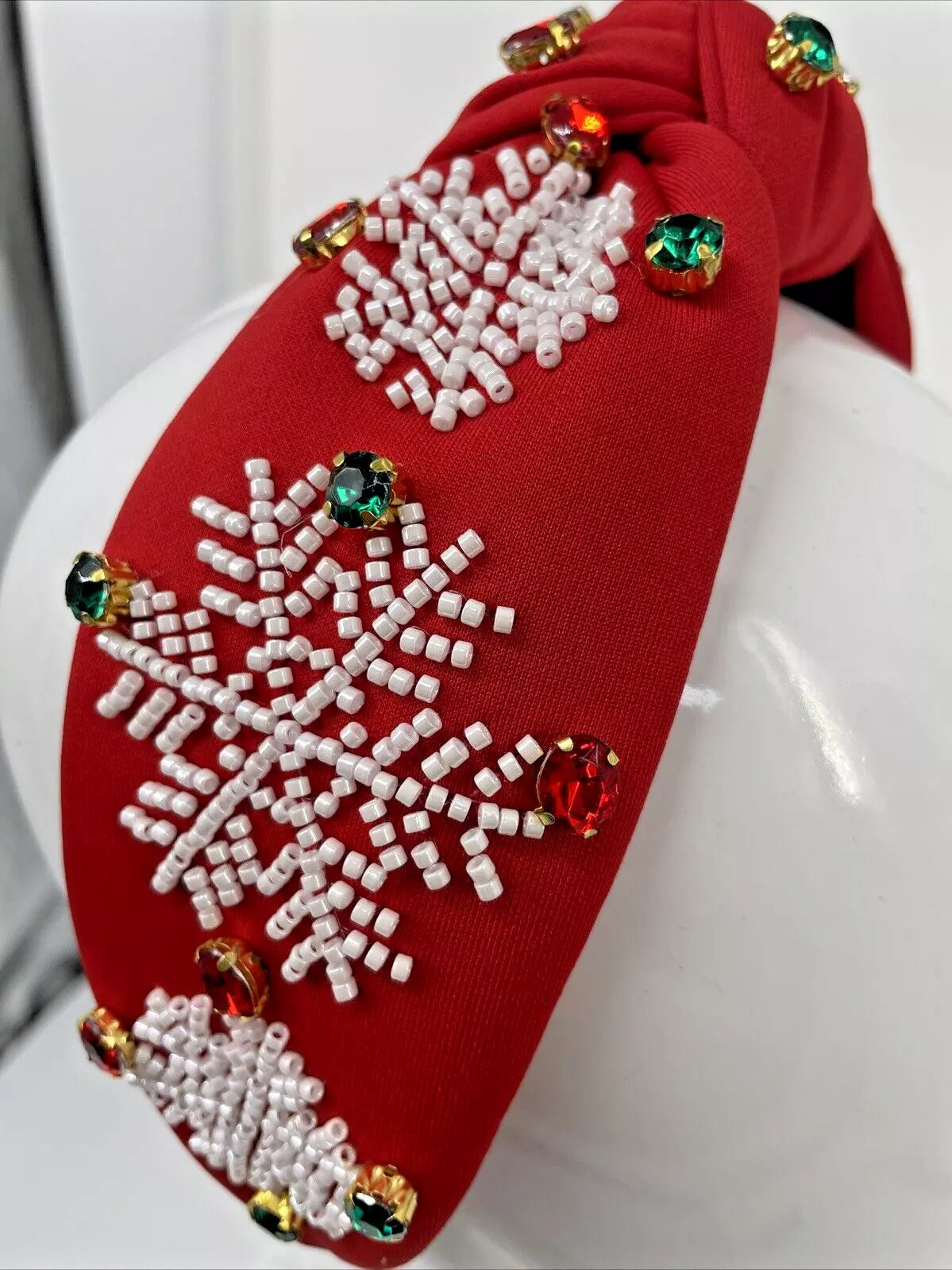 Holiday JOY Headband – Festive Snowflake Design with Gemstone Accents in Red and Green for a Holiday Look