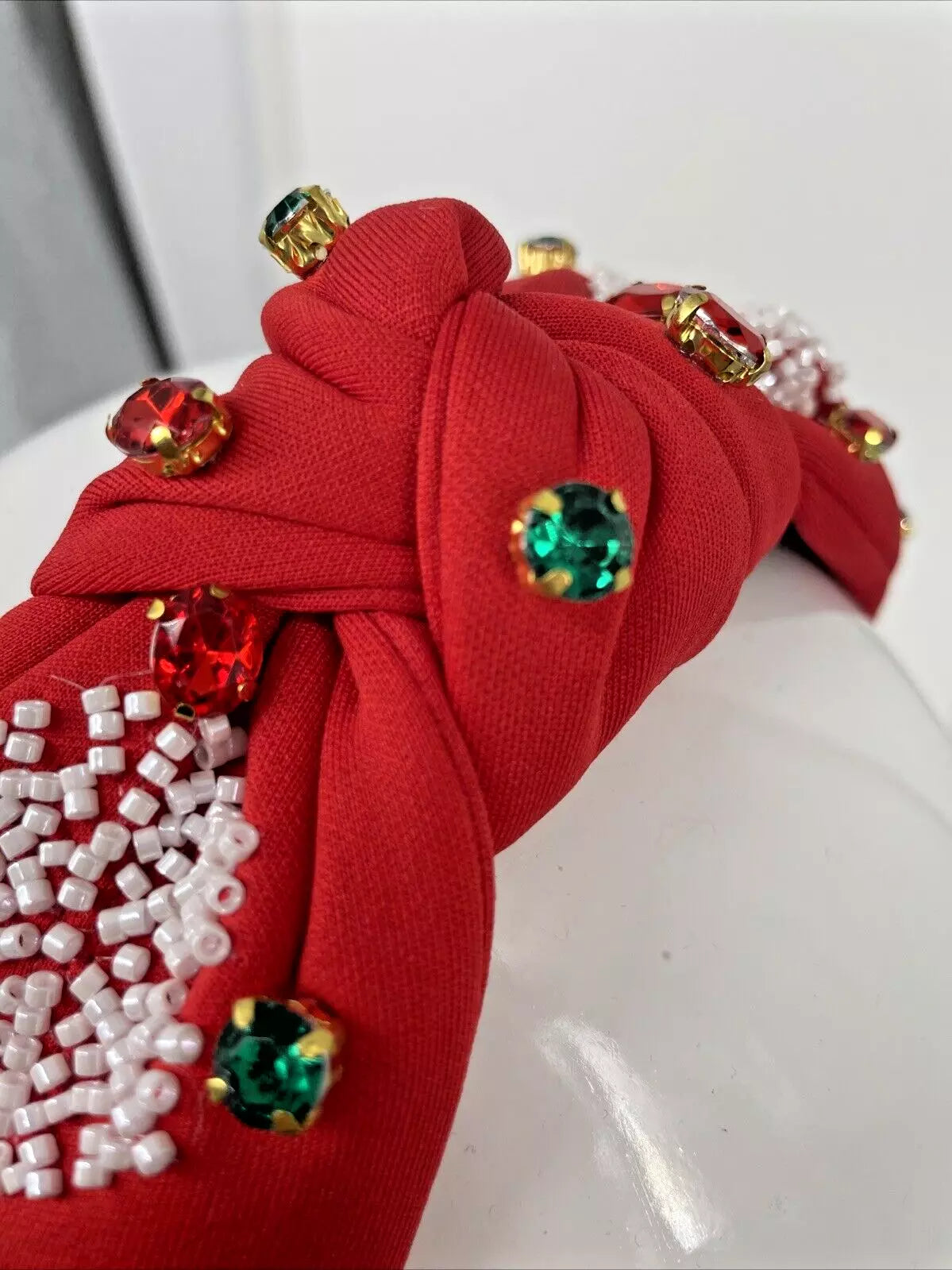 Holiday JOY Headband – Festive Snowflake Design with Gemstone Accents in Red and Green for a Holiday Look