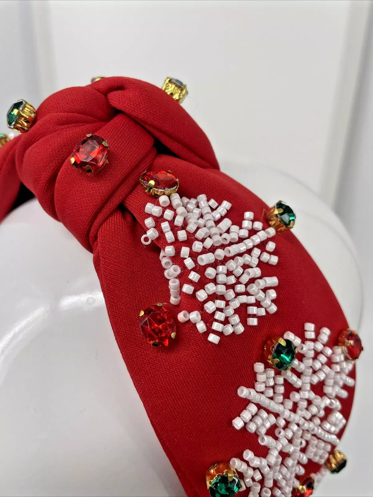 Holiday JOY Headband – Festive Snowflake Design with Gemstone Accents in Red and Green for a Holiday Look