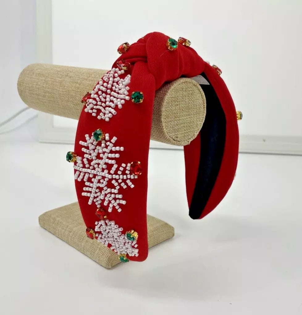 Holiday JOY Headband – Festive Snowflake Design with Gemstone Accents in Red and Green for a Holiday Look