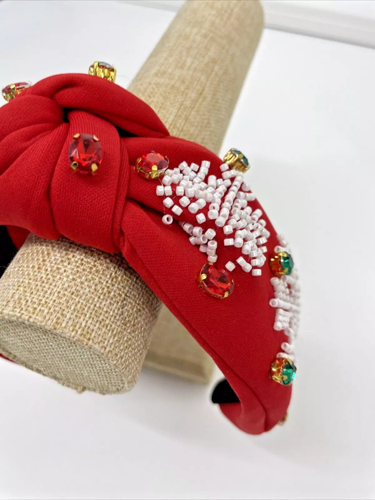 Holiday JOY Headband – Festive Snowflake Design with Gemstone Accents in Red and Green for a Holiday Look