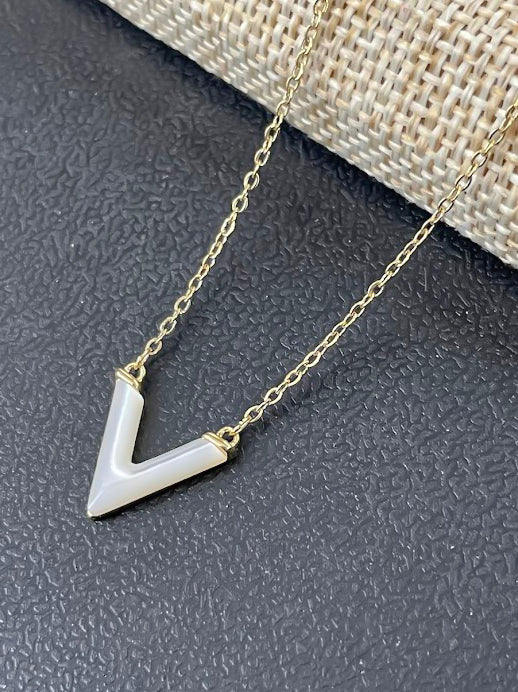 V-Shaped Mother of Pearl Pendant Necklace - 0.5"x0.5" Gold Chain, High-Quality Fashion Jewelry