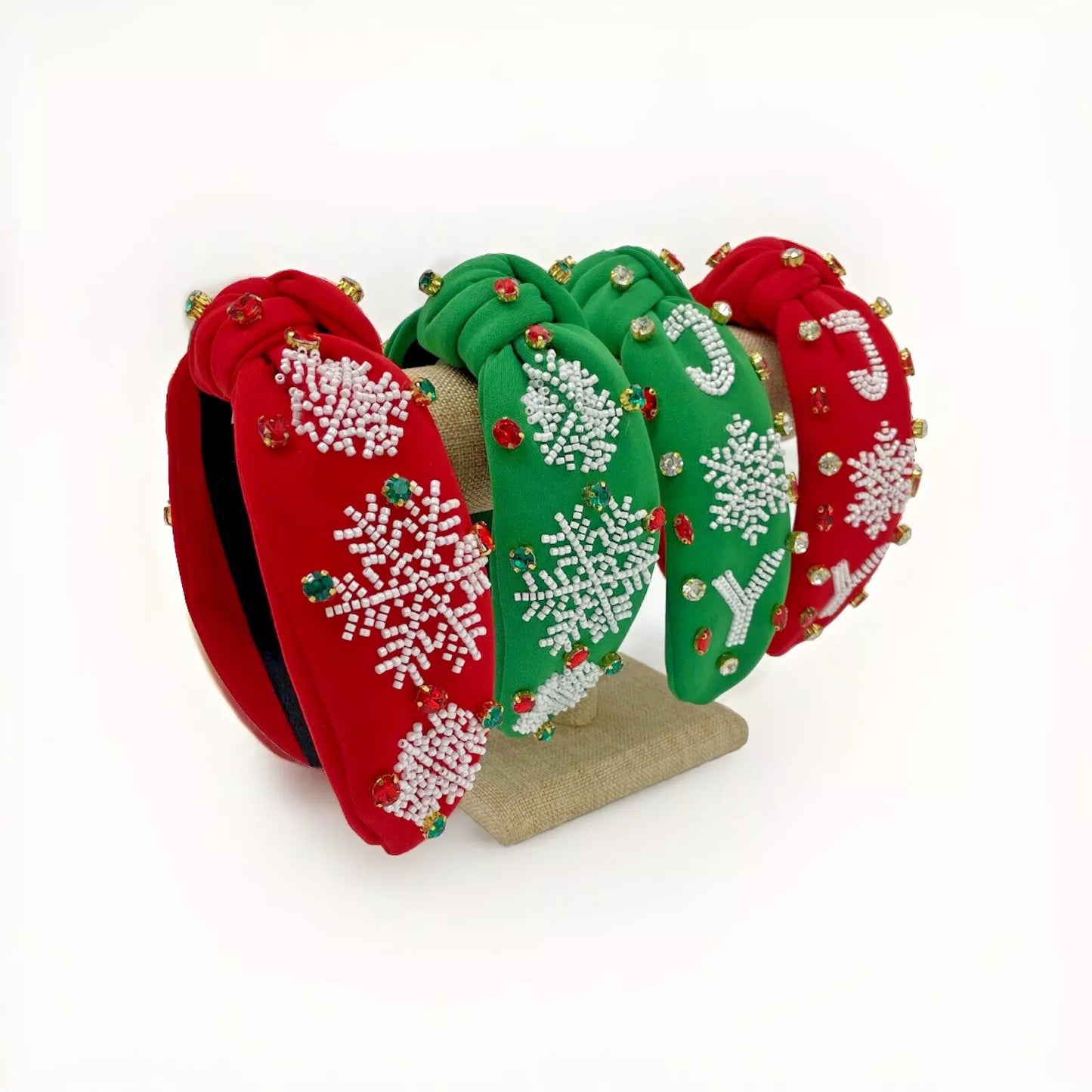 Holiday JOY Headband – Festive Snowflake Design with Gemstone Accents in Red and Green for a Holiday Look